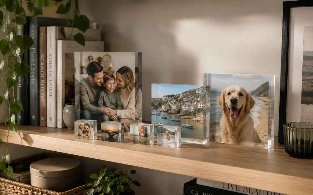 A clear acrylic box-style frame holding a swappable photo, showing the layered, boxed-in look with a small border around the image