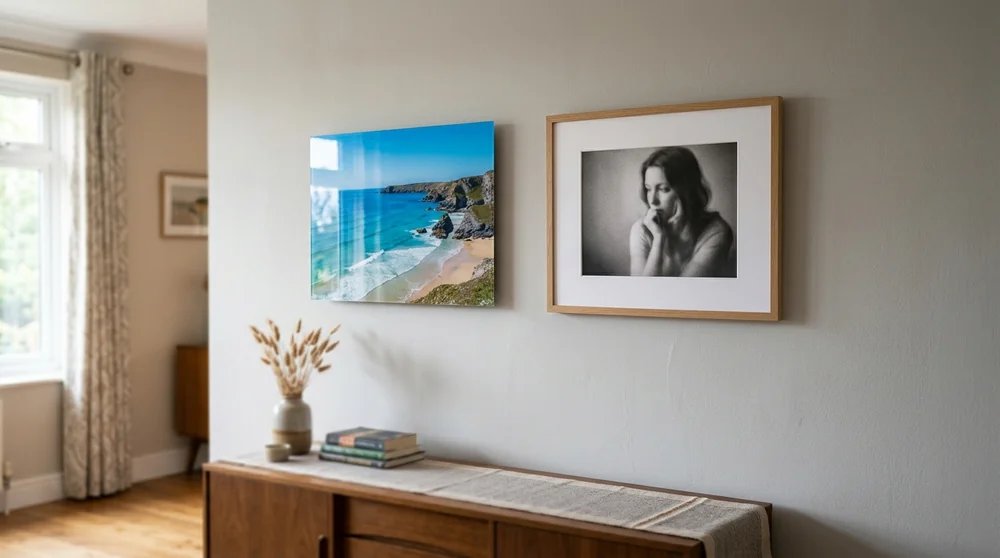 Acrylic print of a beach and a framed black-and-white portrait side by side above a sideboard