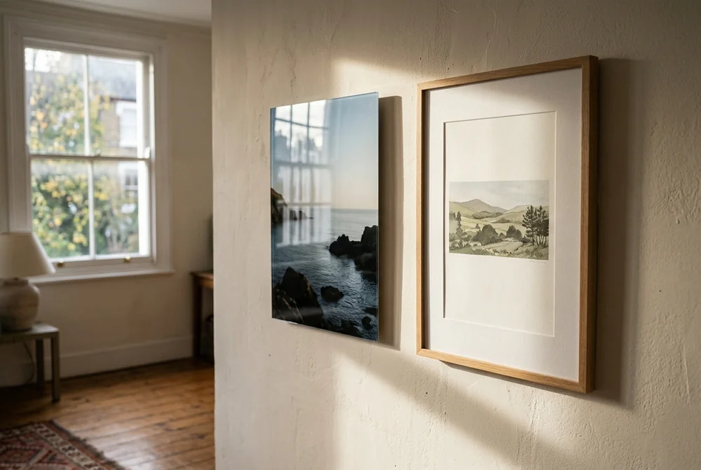 Acrylic coastal print and a framed landscape print on a wall beside a sunlit window