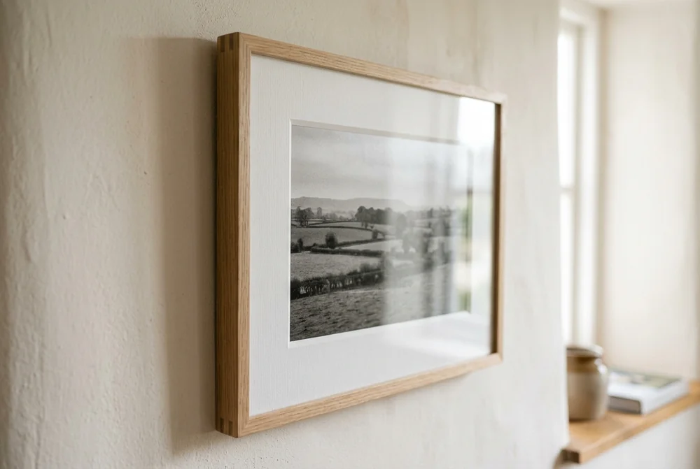 Framed black-and-white landscape print with a wide white mount in a light oak frame