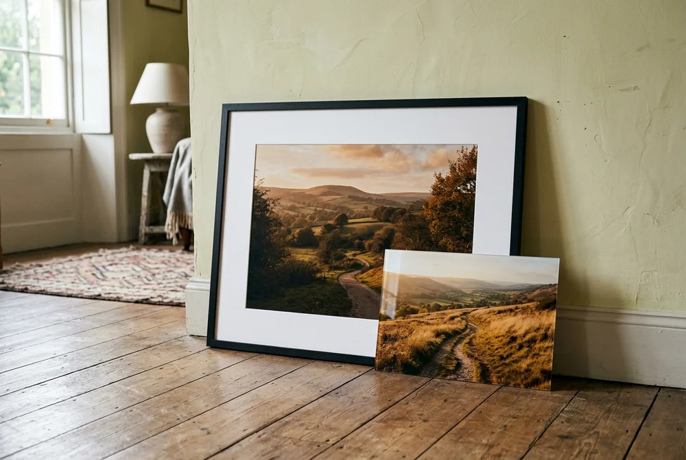 Large framed countryside print and a smaller acrylic print resting on a wooden floor