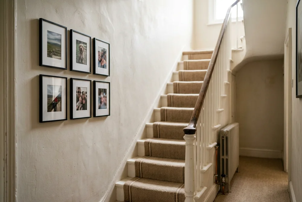 Gallery wall of six small black framed photo prints beside a staircase