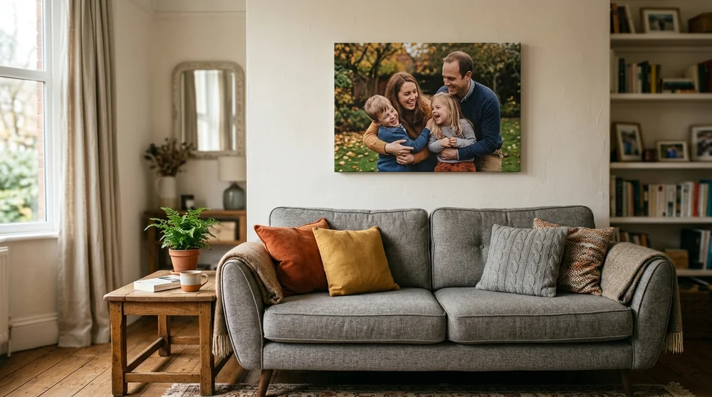 A family canvas print hanging above a grey sofa in a bright British living room with bookshelves