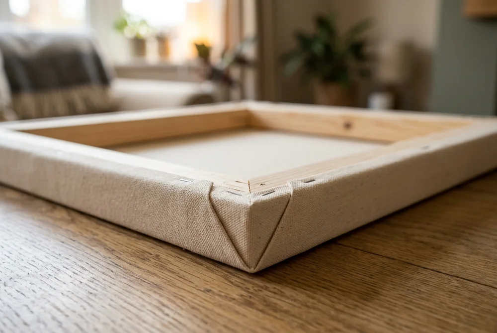 Close-up of the back of a canvas print showing the pine stretcher frame and neatly folded corner