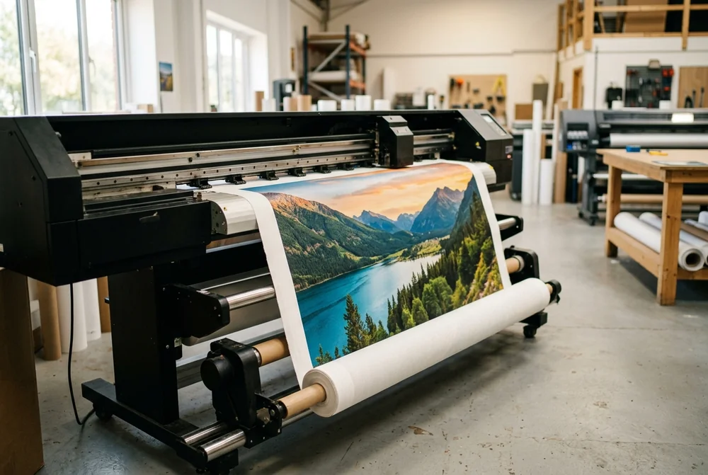 A wide-format printer feeding a mountain landscape photo onto a roll of canvas in a print workshop