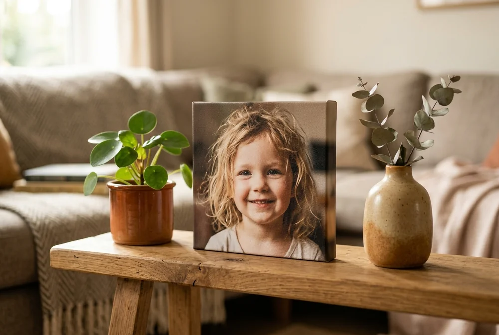 A small square canvas print of a smiling child standing on an oak bench beside a plant and vase