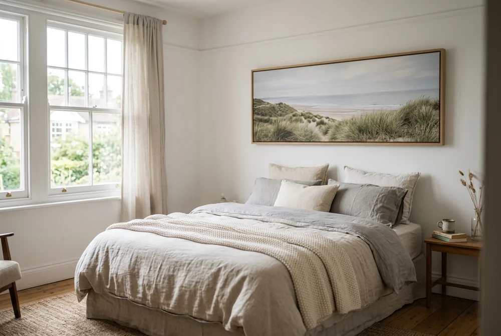 A panoramic canvas print of coastal dunes in a light wood frame above a bed in a white UK bedroom