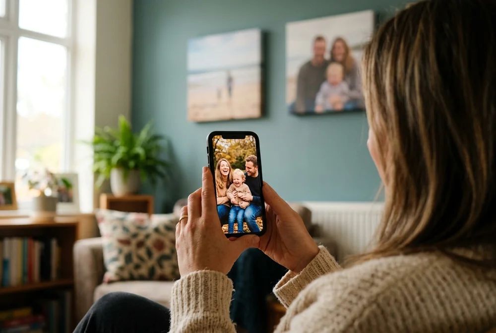 A woman checking a family photo on her phone before printing it, canvas prints on the wall behind