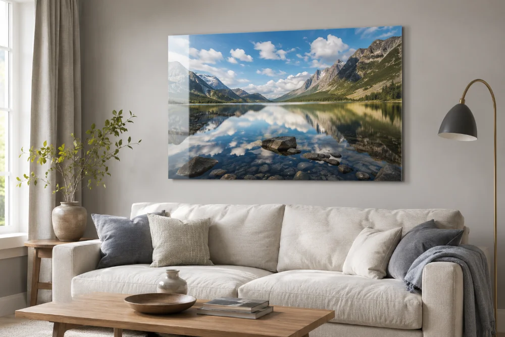 A widescreen acrylic print of a mirror-calm mountain lake hanging above a cream sofa in a bright, neutral living room