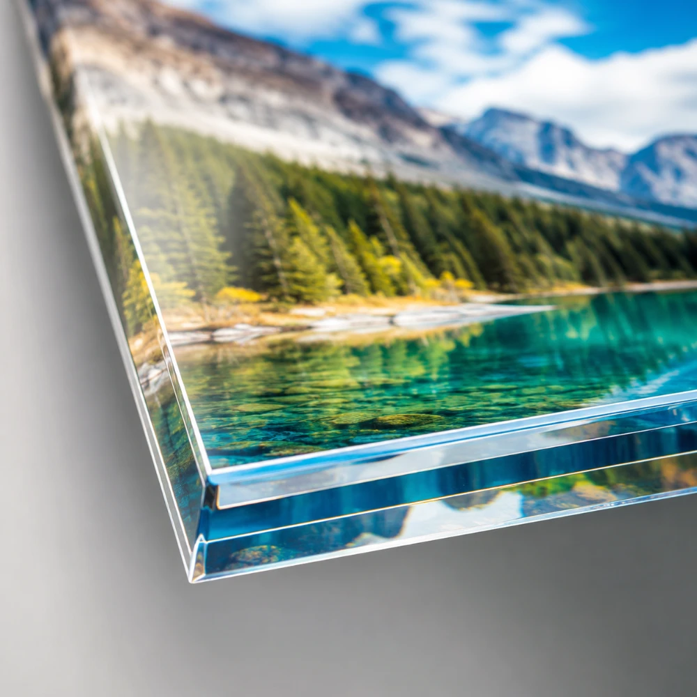Close-up of the polished corner of a mountain-lake acrylic print, showing the clear acrylic panel's thickness and the depth it gives the image