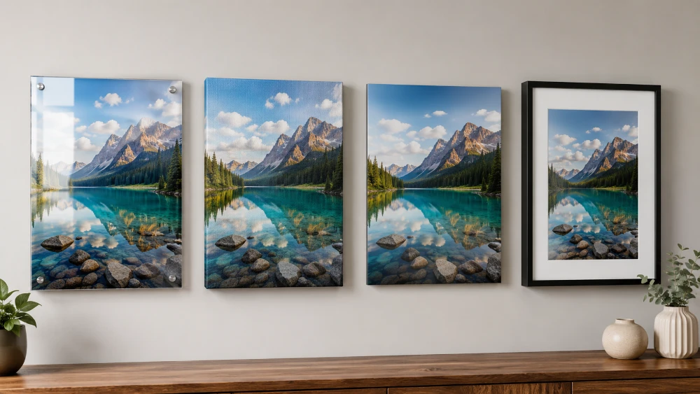 Four wall prints of the same mountain-lake scene side by side — two glossy acrylic panels, a canvas print and a black-framed print — comparing acrylic against canvas and framed finishes