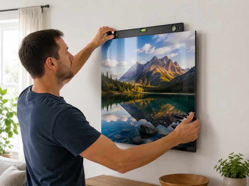 A man using a spirit level to hang a square mountain-lake acrylic print straight on a white living-room wall
