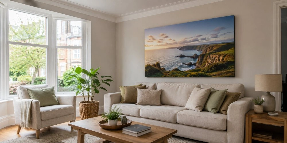 A wide landscape canvas print of a Cornish coastline at sunset hanging above a cream sofa in a bright UK living room