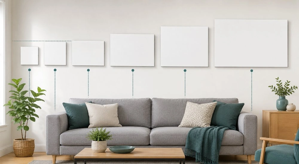 Six blank canvas prints in increasing sizes hung in a row above a grey sofa to compare canvas sizes on a wall