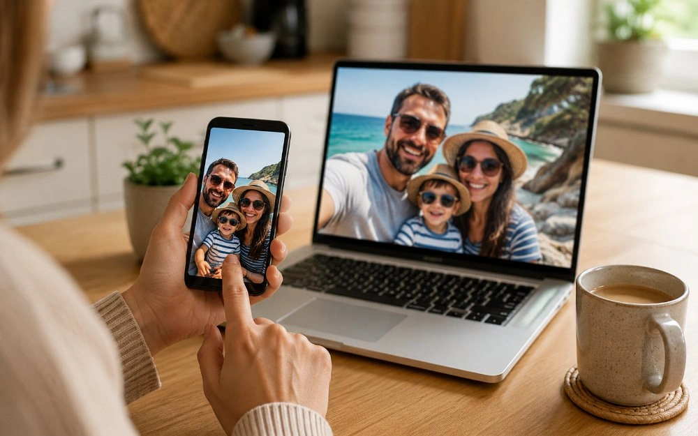 A person comparing a family holiday photo on a phone with the same image on a laptop before printing it on canvas
