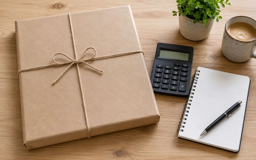 A brown-paper-wrapped canvas parcel beside a calculator, notebook and pen, illustrating comparing canvas prices at the checkout