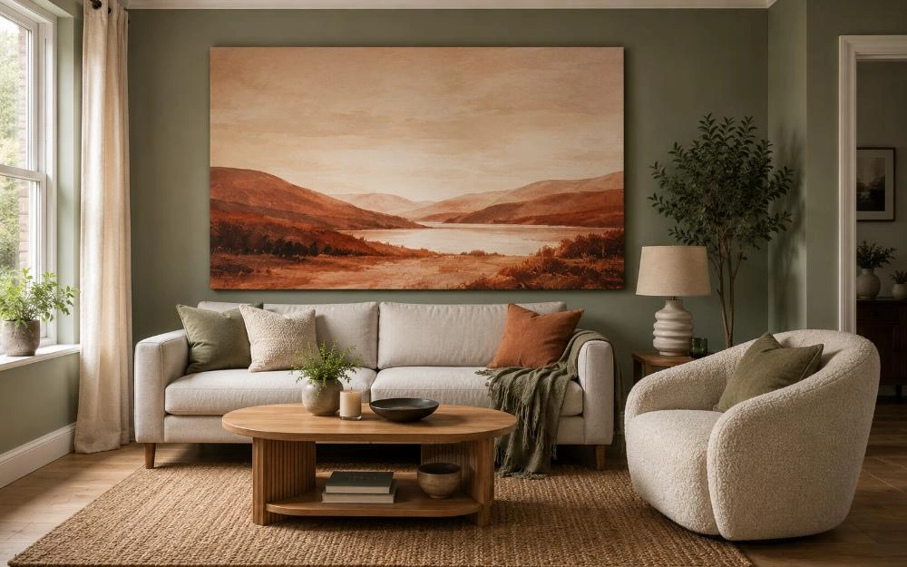 A large statement canvas of a warm, earthy landscape hanging above a sofa in a sage-green living room