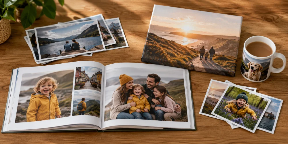 A family photo book, loose prints, a coastal-sunset canvas and a photo mug arranged on a wooden table — a spread of personalised photo products