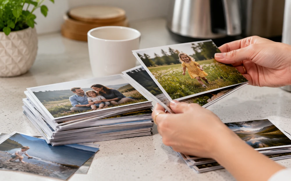 Hands sorting through a stack of 6x4 photo prints on a kitchen worktop, holding up a print of a child running through a summer meadow