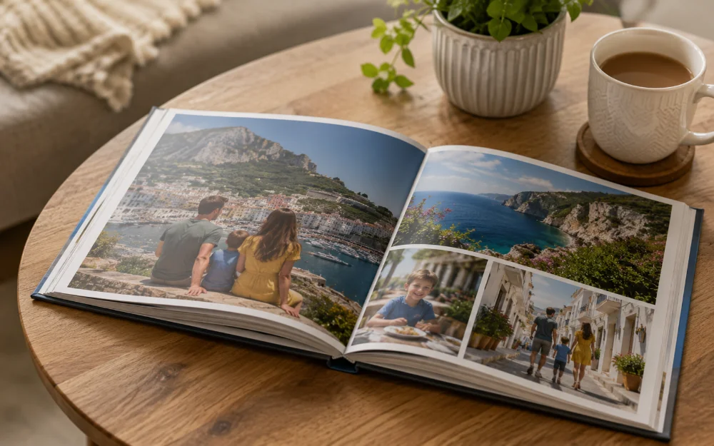 An open hardback photo book on a wooden coffee table, showing a two-page spread of a family holiday on the Mediterranean coast