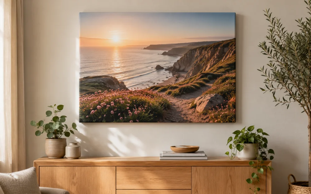 A large coastal-sunset canvas print hung above a wooden sideboard in a bright, neutral living room