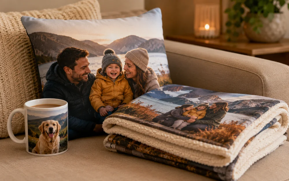 A personalised photo cushion, a fleece photo blanket and a photo mug arranged on a sofa in warm evening light