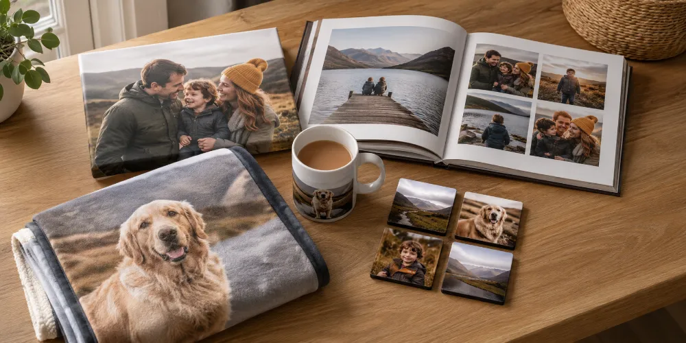 A collection of personalised photo gifts including a canvas print, a photo book, a mug and a blanket