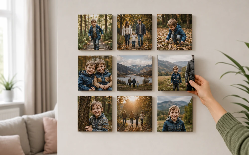 MIXPIX photo tiles arranged in a grid on a living-room wall without any frames