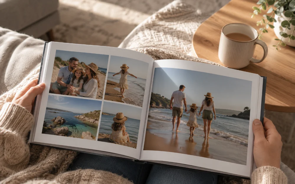 An open personalised photo book showing a double-page spread of family photographs