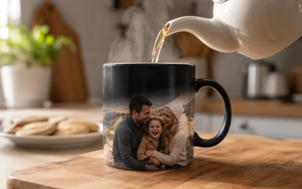 A personalised photo mug with a family photo, beside a freshly brewed cup of tea
