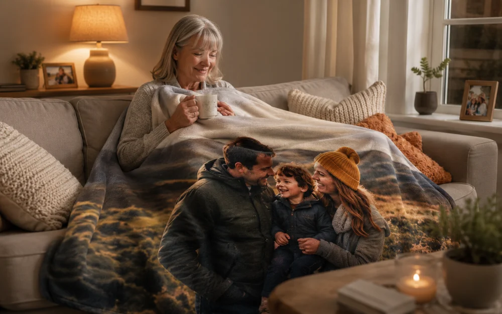 A soft personalised photo blanket printed with a family photo, draped over a sofa