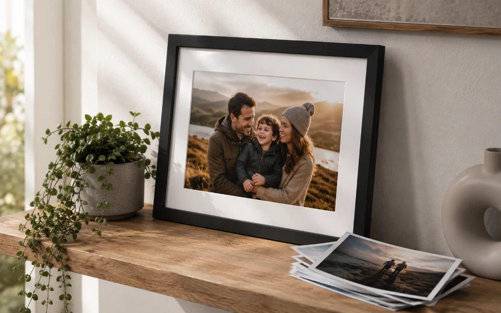 A framed photo print with a white mount, standing ready to hang or display on a shelf