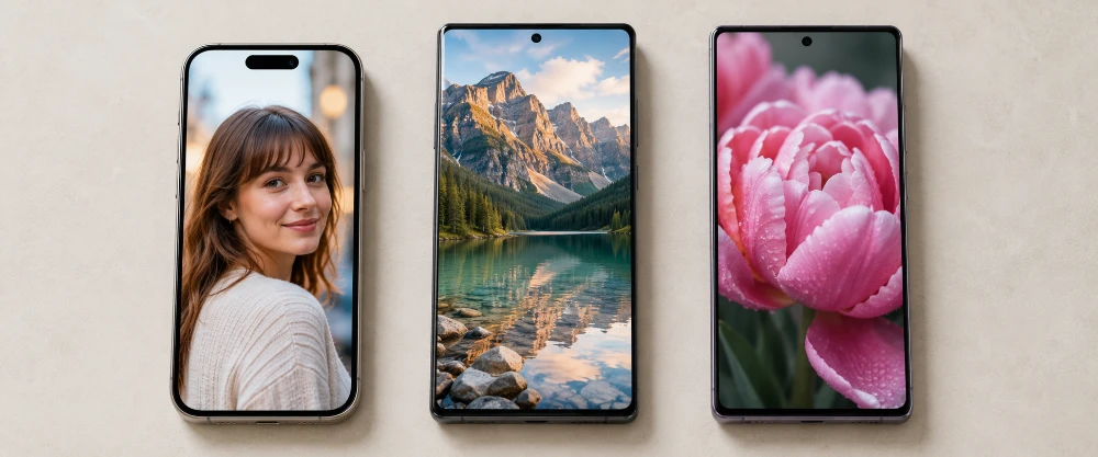 Hand adjusting camera settings on a smartphone before taking a photo