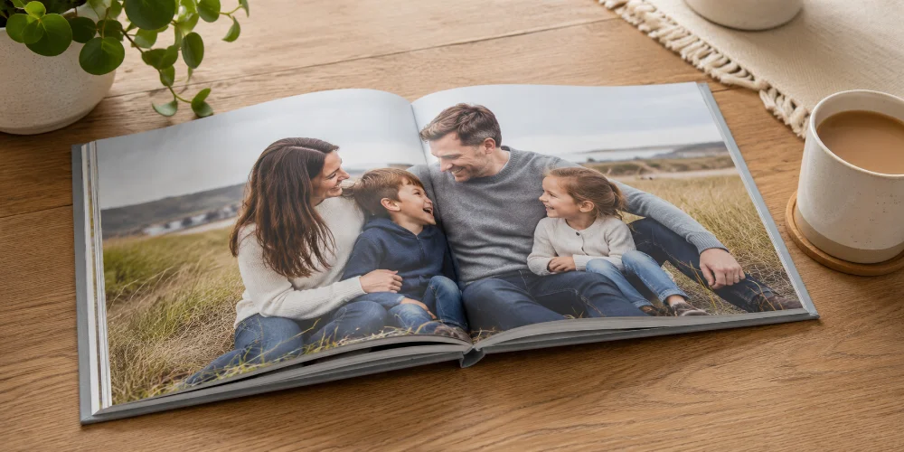 An open layflat photo book on a wooden table, a family of four laughing across a full double-page coastal spread