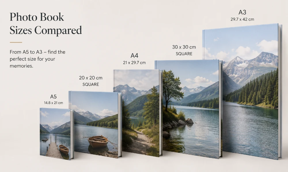 Photo book sizes compared side by side, from A5 and 20×20cm up to A4, 30×30cm and A3