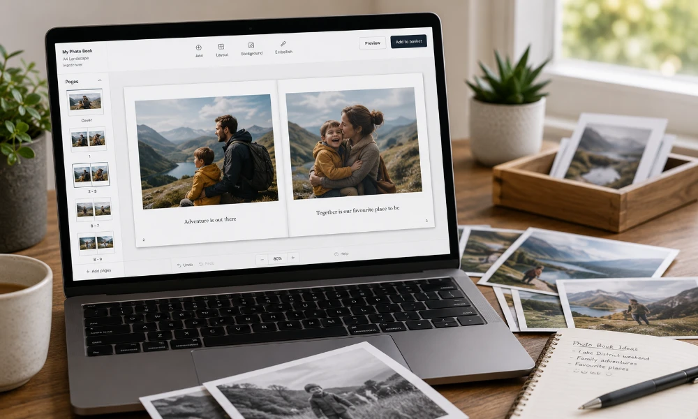 A laptop showing an online photo book editor with a two-page travel spread, surrounded by printed photos