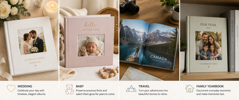 Four photo books by occasion: a wedding album, a baby book, a travel book and a family yearbook