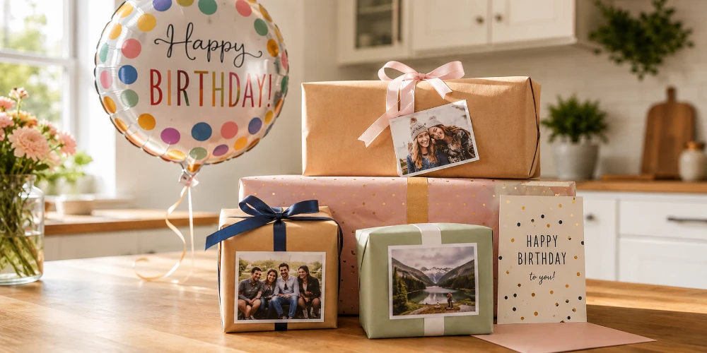 A thoughtfully wrapped personalised birthday photo gift being handed between two close friends