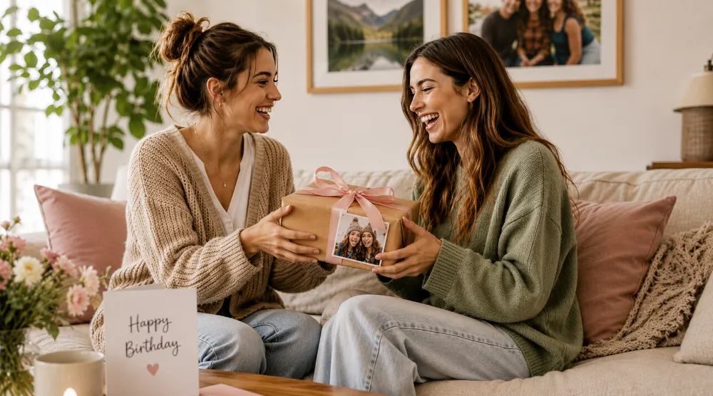 Personalised photo gifts laid out as birthday present ideas for a sister