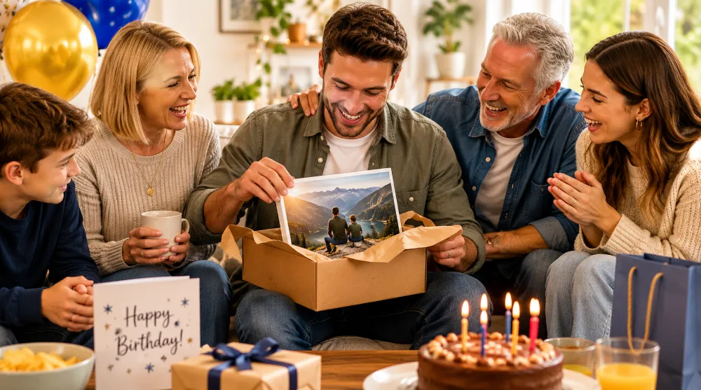 Personalised photo gifts arranged as birthday present ideas for a brother