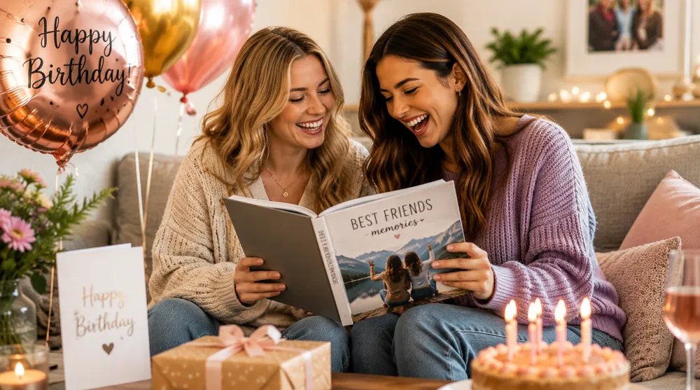 Two best friends exchanging a personalised birthday photo gift