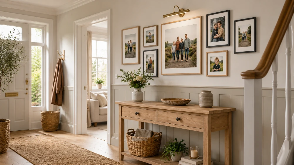 Stylish hallway with framed photo displays