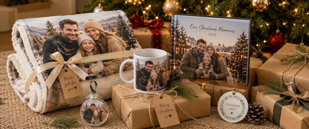 Christmas themed photo gifts including blankets and calendars