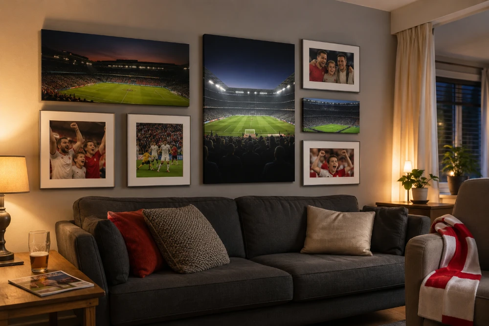 A vibrant sports gallery wall featuring World Cup memorabilia and football photos