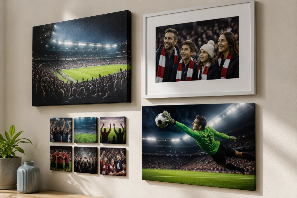 Different print formats including canvas, metal, and framed photos for a sports wall