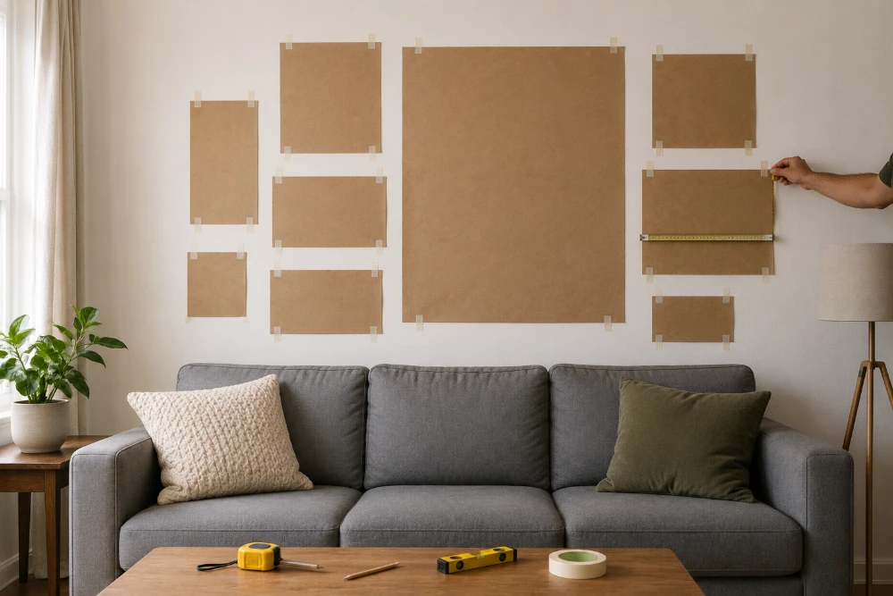 Using paper templates to plan a gallery wall layout on a living room wall