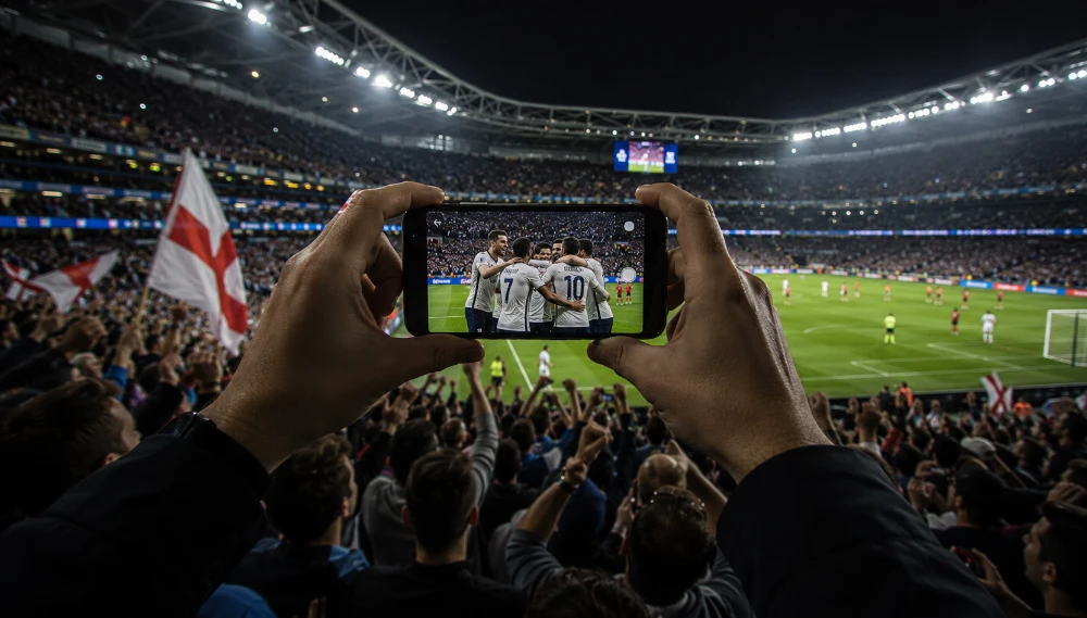 A wide shot of a football stadium illuminated by floodlights at night