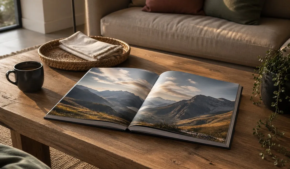 Large-format A3 photo book open on a coffee table showing a mountain panorama spread in a cosy living room