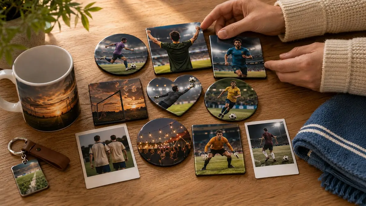 Personalised photo magnets with football photos arranged alongside a photo mug, keychain and scarf as a Championship Summer souvenir bundle