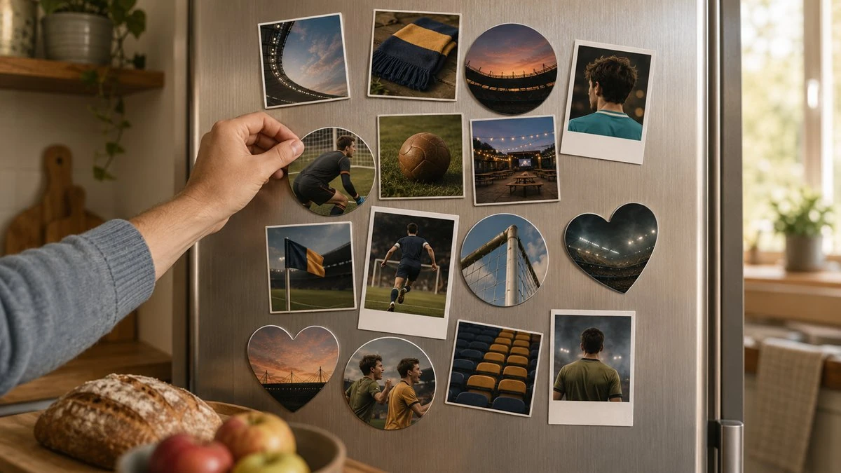 Personalised photo magnets in mixed shapes with match-day football photos on a fridge door